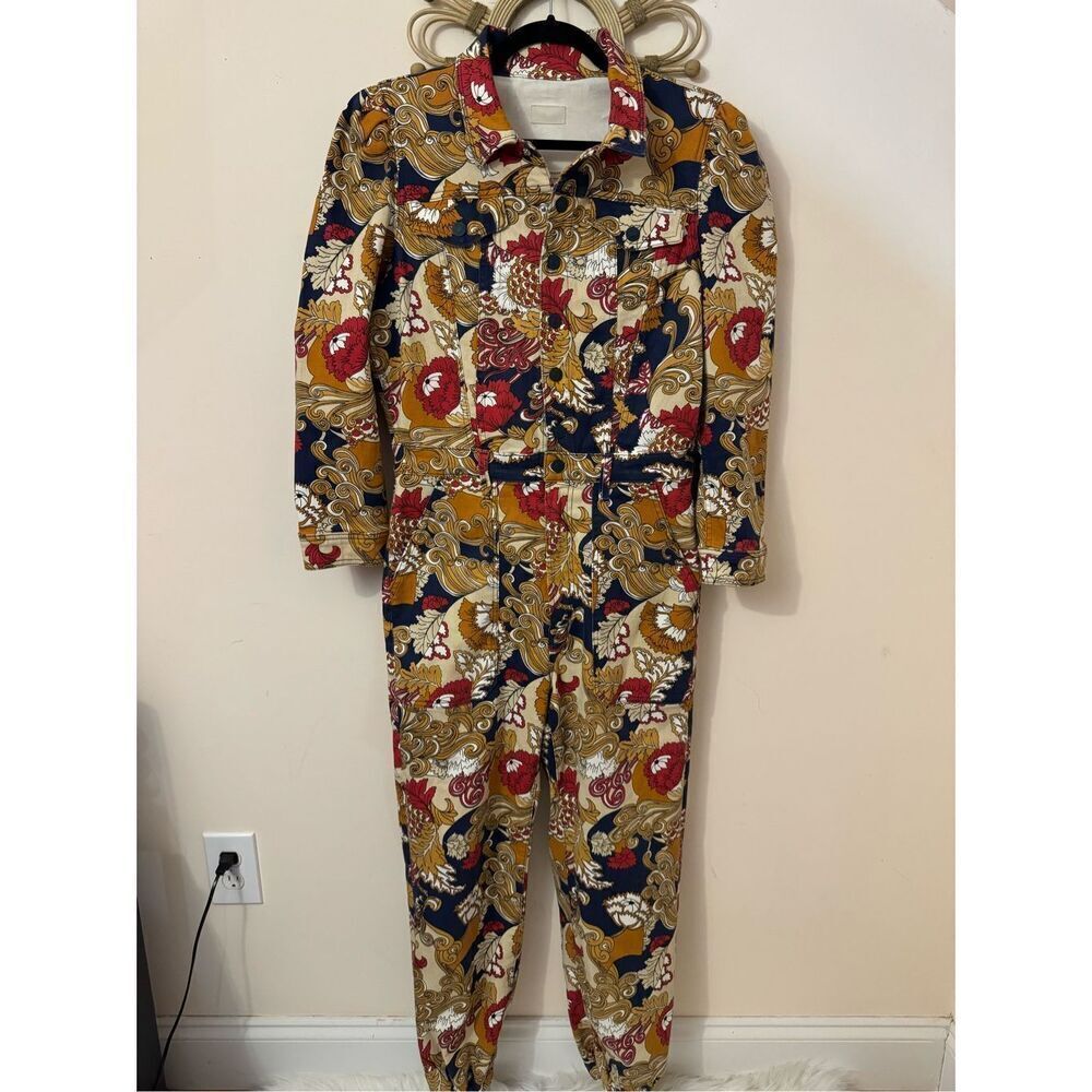 MOTHER The Puffy Wrapper Floral Denim Jumpsuit Flowers in Her Hair L